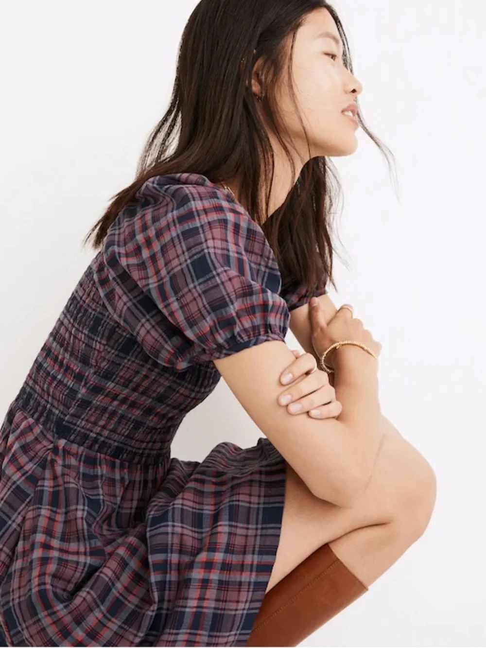 Madewell Lucie Puff-Sleeve Smocked Mini Dress in Rockfern Plaid Size M - Picture 4 of 8
